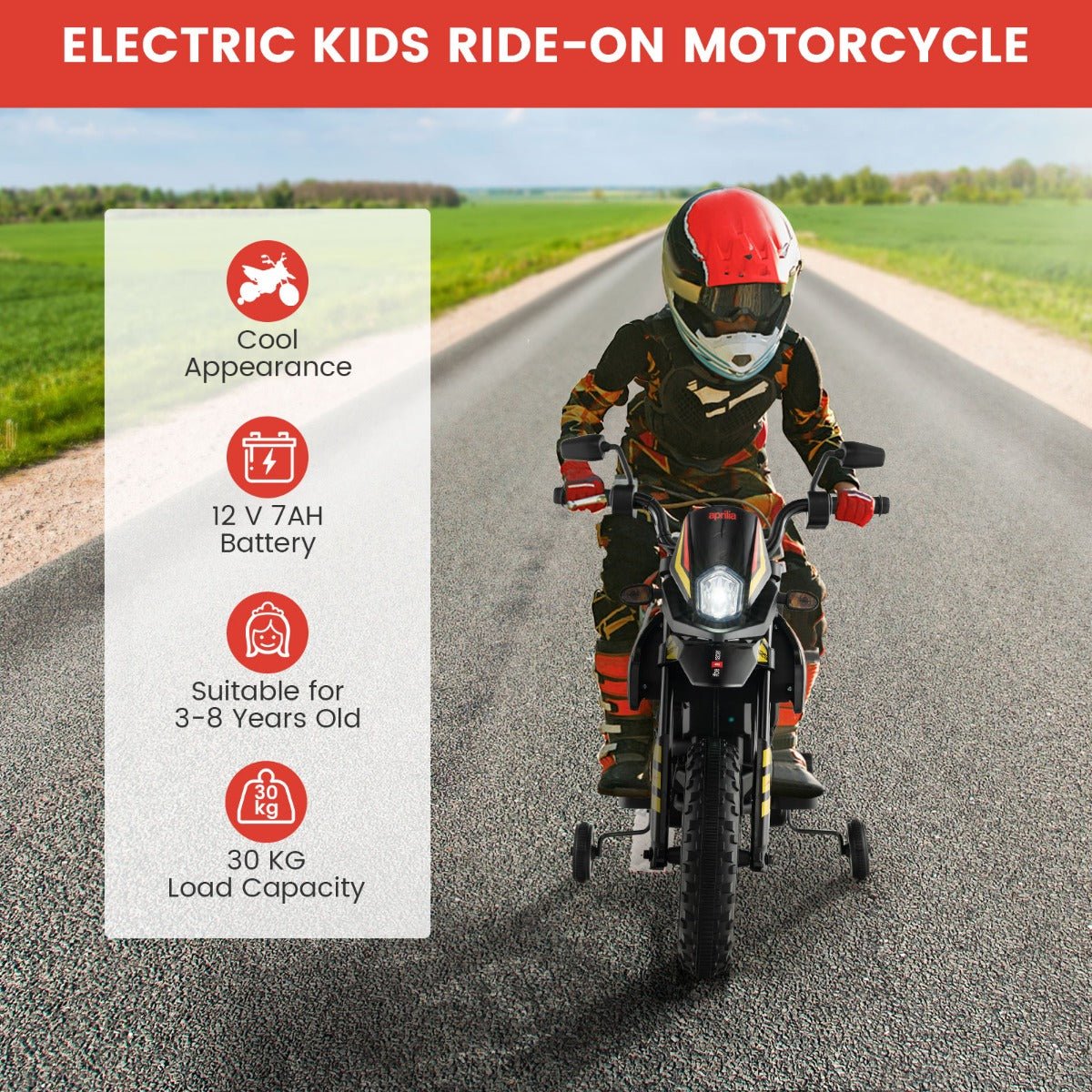 Ultimate Riding Adventure: Licensed Aprilia Kids Motorcycle, Black, Training Wheels
