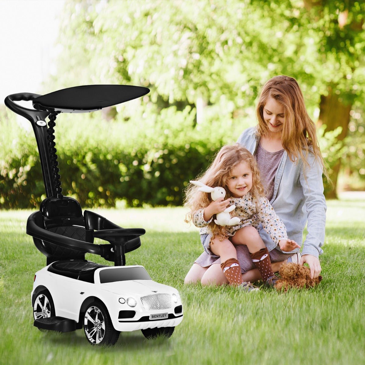 White Bentley Kids Ride On Push Car - Licensed Ride-On Toy with Canopy