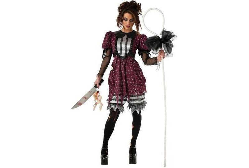 Adult Little Bo Peep costume with tattered dress and pantaloons, perfect for Halloween or cosplay.