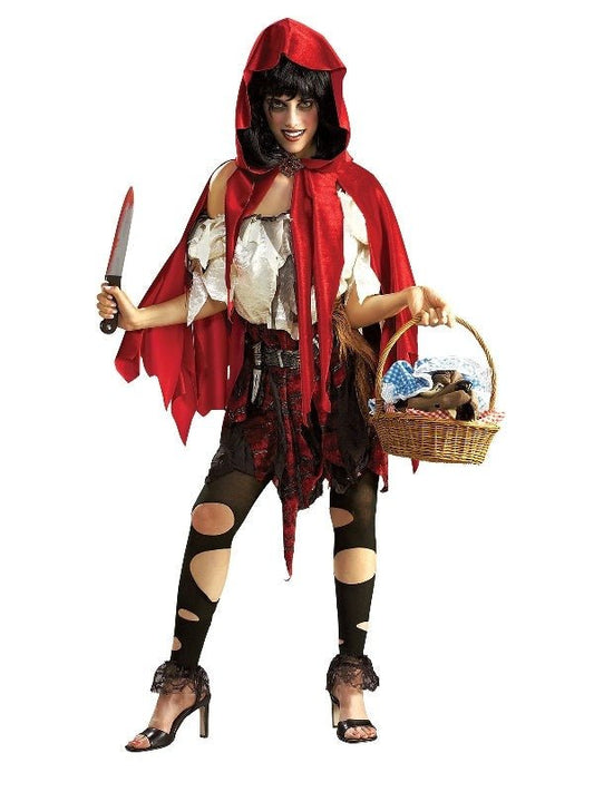 Tattered Little Red Riding Hood adult costume for Halloween, ideal for a spooky fairy tale look.