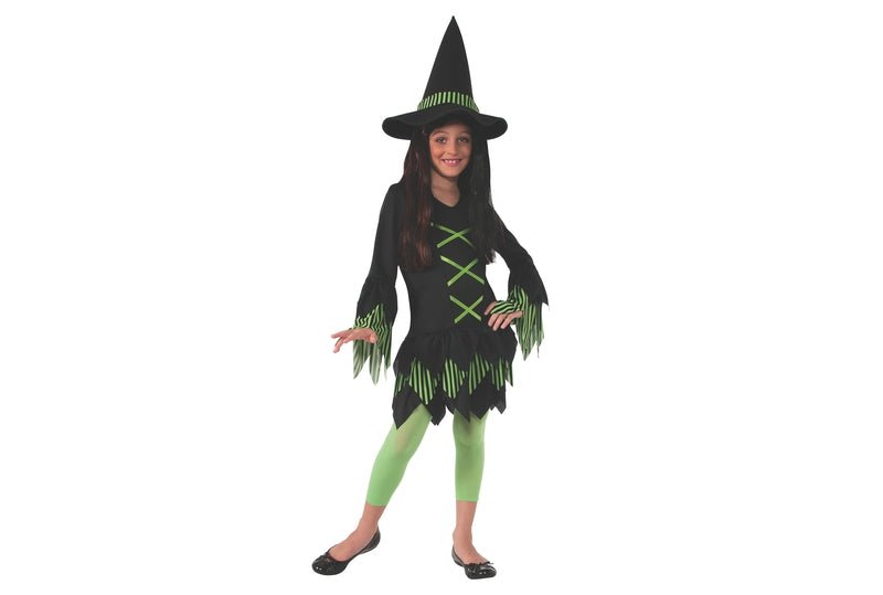 Lime green witch costume with dress and hat for kids Halloween dress-up fun.