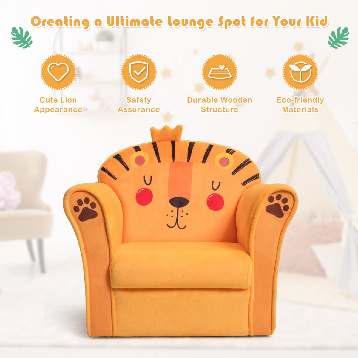 Kids Armchair with Wooden Frame: Lion Pattern Comfort for Baby's Room
