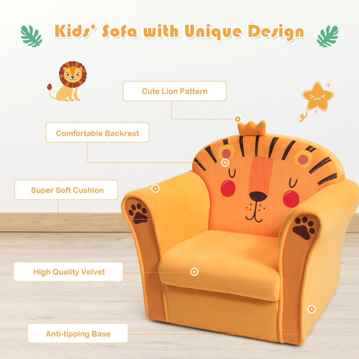 Children's Lion Pattern Chair: Wooden Frame Comfort in Baby's Room