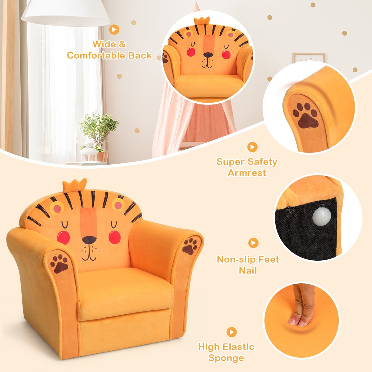 Kids Armchair with Wooden Frame: Lion Pattern Coziness for Baby's Space