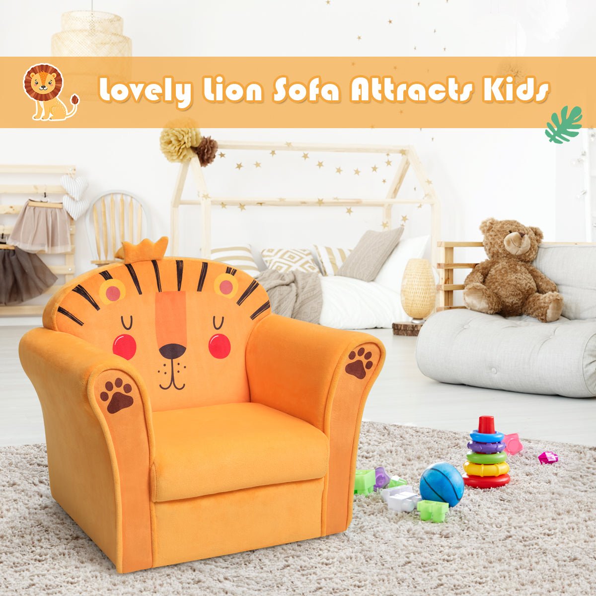 Lion Pattern Kids Armchair: Wooden Frame Comfort for Baby's Nursery
