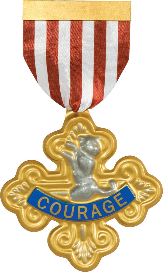 Official Wizard of Oz Lions Courage Badge, perfect for kids dress-up and movie collections.