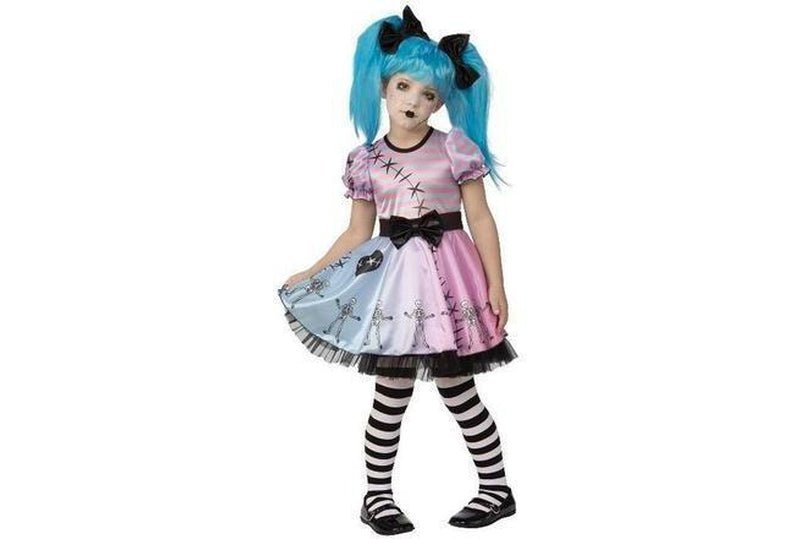 Childs spooky blue skeleton girl dress costume with wind-up key feature for Halloween.