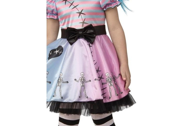 Blue Skeleton Girl Dress Costume with Wind-Up Key, perfect for spooky home play.