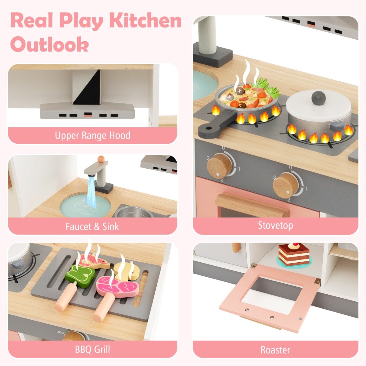 Features Modern Play Kitchen with Range Hood for Kids