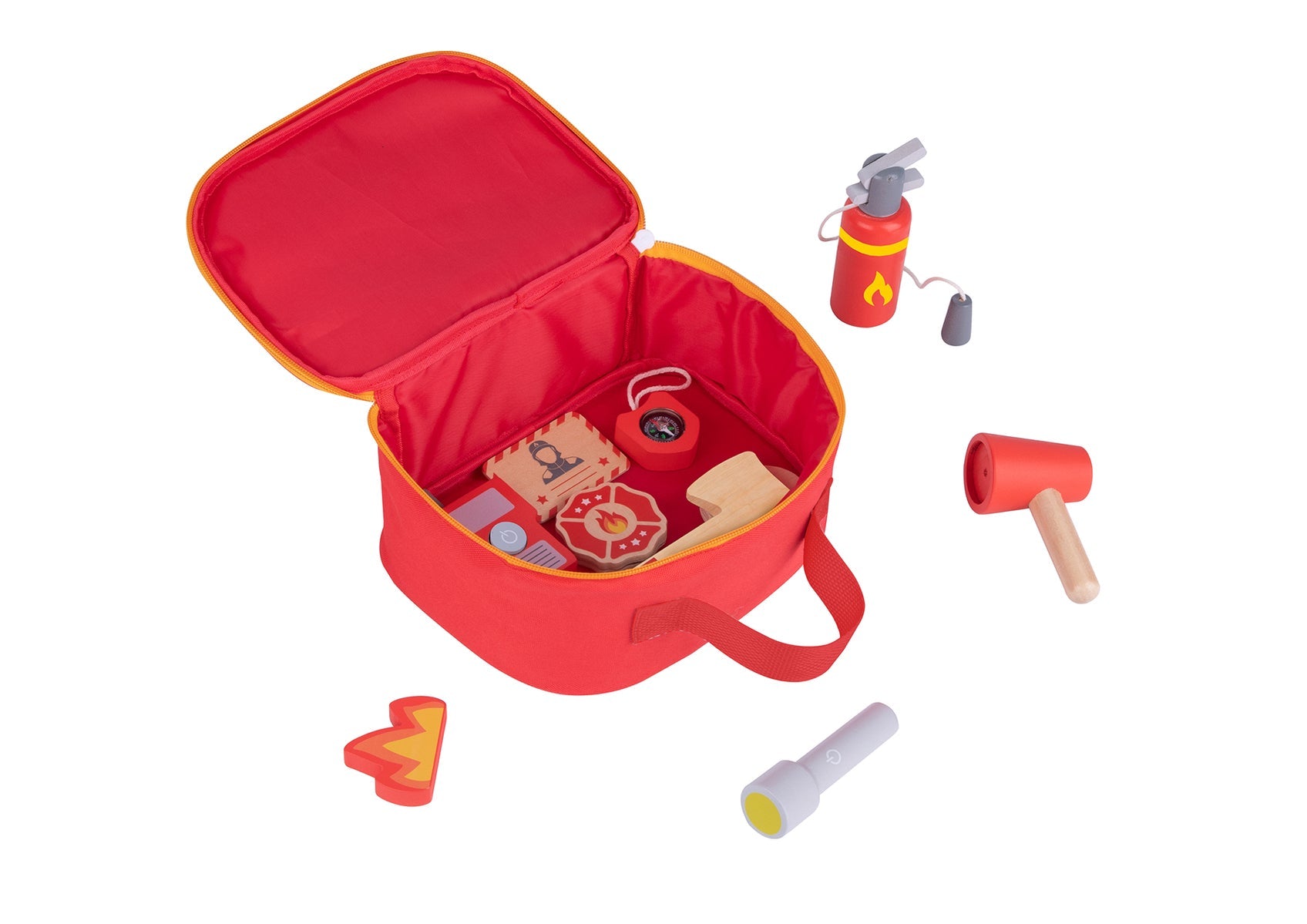 Kids firefighter play set in portable bag for imaginative play at home.