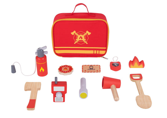 Kids firefighter play set in portable bag for imaginative indoor play at home.