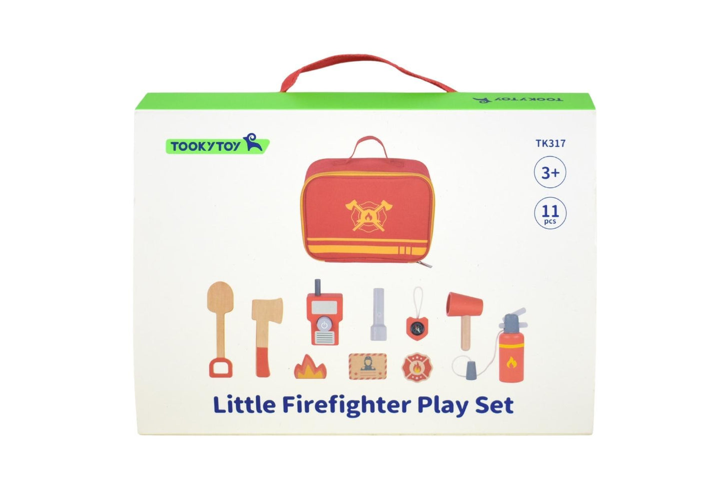 Kids firefighter play set in portable carry bag for imaginative home firefighting play.