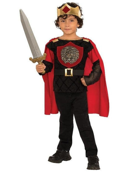 Kids medieval knight costume with dress-up armor set for imaginative play at home.