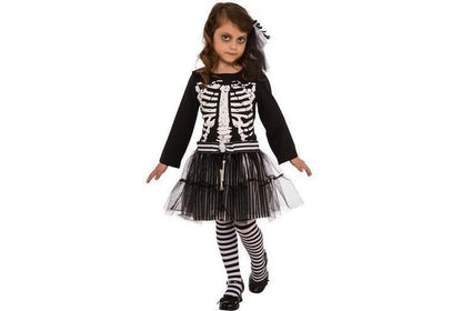 Childs Skeleton Tutu Dress Costume with Bow Headpiece for Halloween dress-up fun.