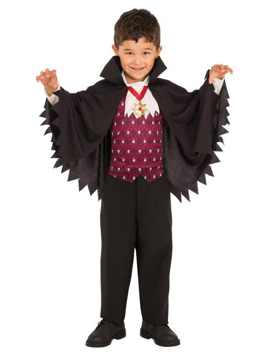 Childs vampire costume set with cape and medallion for spooky Halloween dress-up.