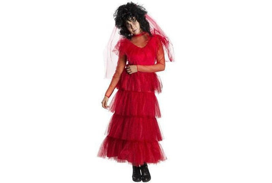 Beetlejuice Lydia Deetz Red Wedding Dress Costume for Adults, perfect for Halloween parties.