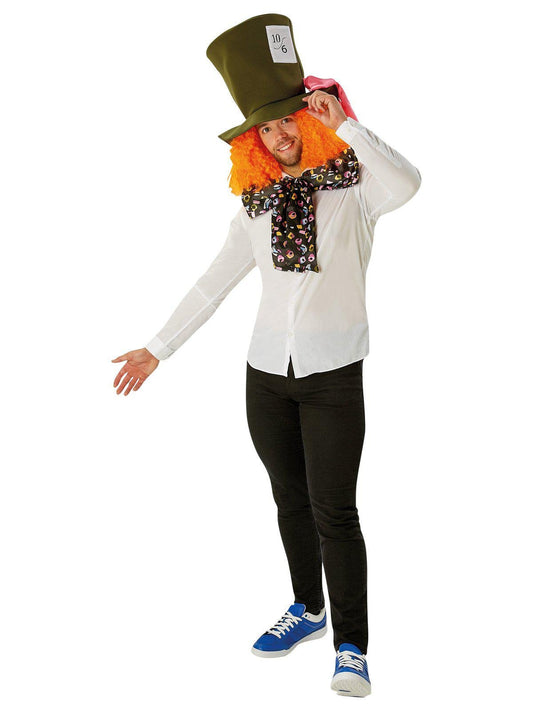 Disney Mad Hatter Costume Set with Hat, Wig and Bow Tie for Adults, perfect for costume parties.