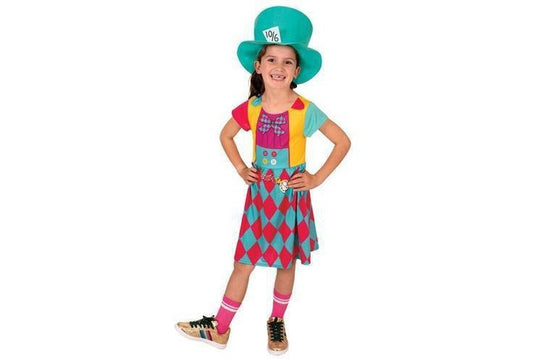 Girls Disney Mad Hatter Costume w/ Digital Print and Top Hat, perfect for imaginative play.