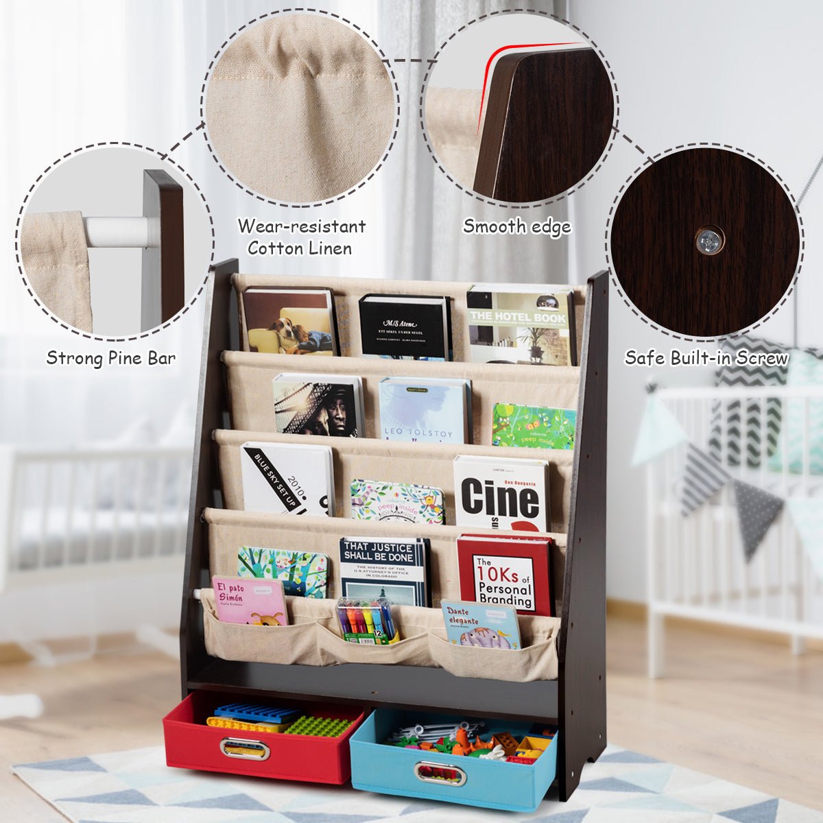 Bookshelf with Coffee Wood - 2 Storage Boxes, Arrange Your Books Gracefully