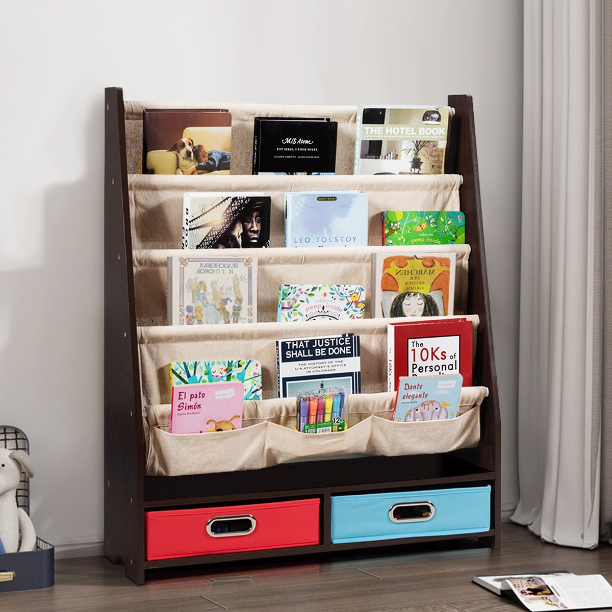Coffee Wood Book Organizer - 2 Storage Boxes, Efficient Book Management