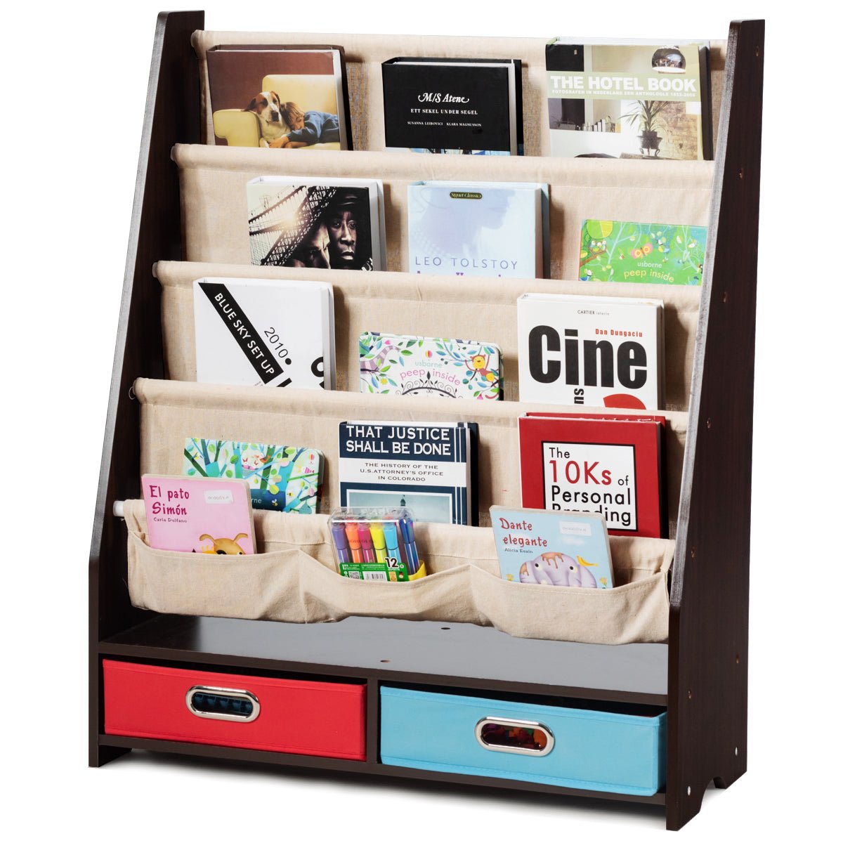 Book Storage Shelf with 2 Boxes - Coffee Wood, Convenient Bookkeeping