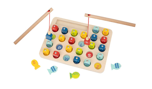 Alphabet-themed magnetic fishing game for kids learning and play at home, educational fun.