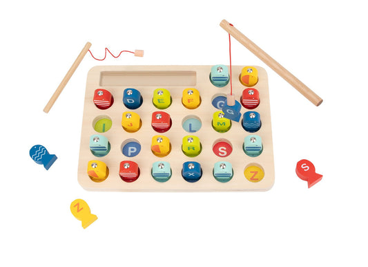 Colorful magnetic fishing game with alphabet letters for fun educational play at home.