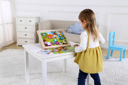 Colorful farm-themed magnetic puzzle board for interactive play and learning at home.