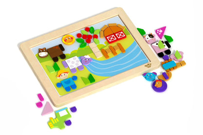 Magnetic puzzle board with farm theme, interactive playset for kids learning at home.