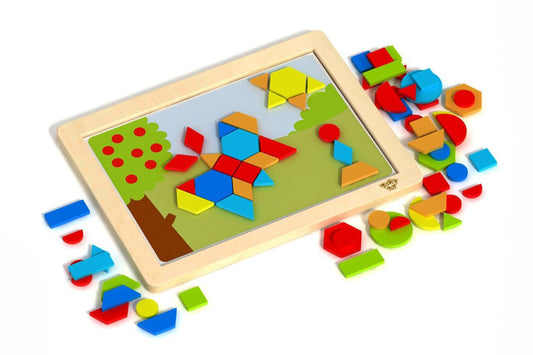 Colorful magnetic puzzle with geometrical shapes for educational play and learning at home.