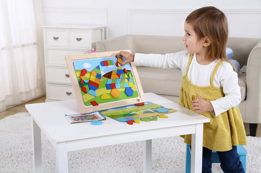 Colorful magnetic puzzle with geometrical shapes, ideal for engaging kids in playful learning.