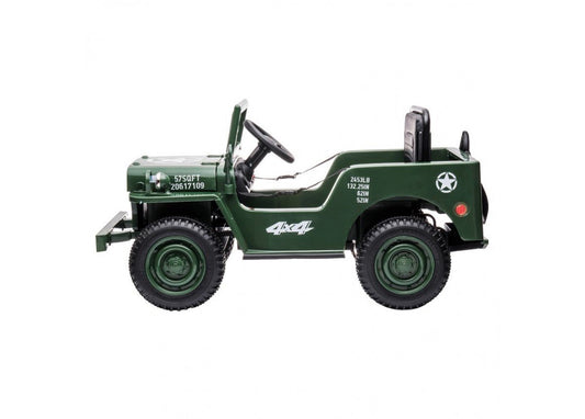 Army green 12v electric ride-on Jeep for kids, ideal for home playtime adventures.