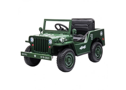 Army green 12v Electric Ride-On Jeep for kids | realistic design for thrilling backyard adventures.