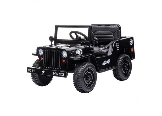 Black 12v electric ride-on Jeep for kids, a thrilling and fun home playtime experience.