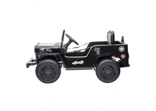 Black 12V Electric Ride-On Jeep for kids home play. Safe, fun, and battery-powered.