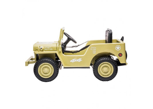 12v electric ride-on Jeep in khaki color, perfect for childrens outdoor adventures at home.