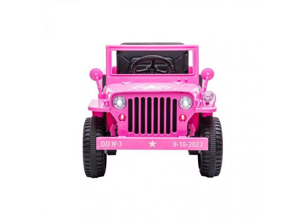 Pink electric ride-on jeep, suitable for kids, powered by 12v battery. Ideal for home play.