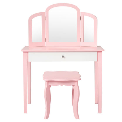 Kids Vanity Set with Tri-Folding Mirror - Bedroom Glamour in Pink