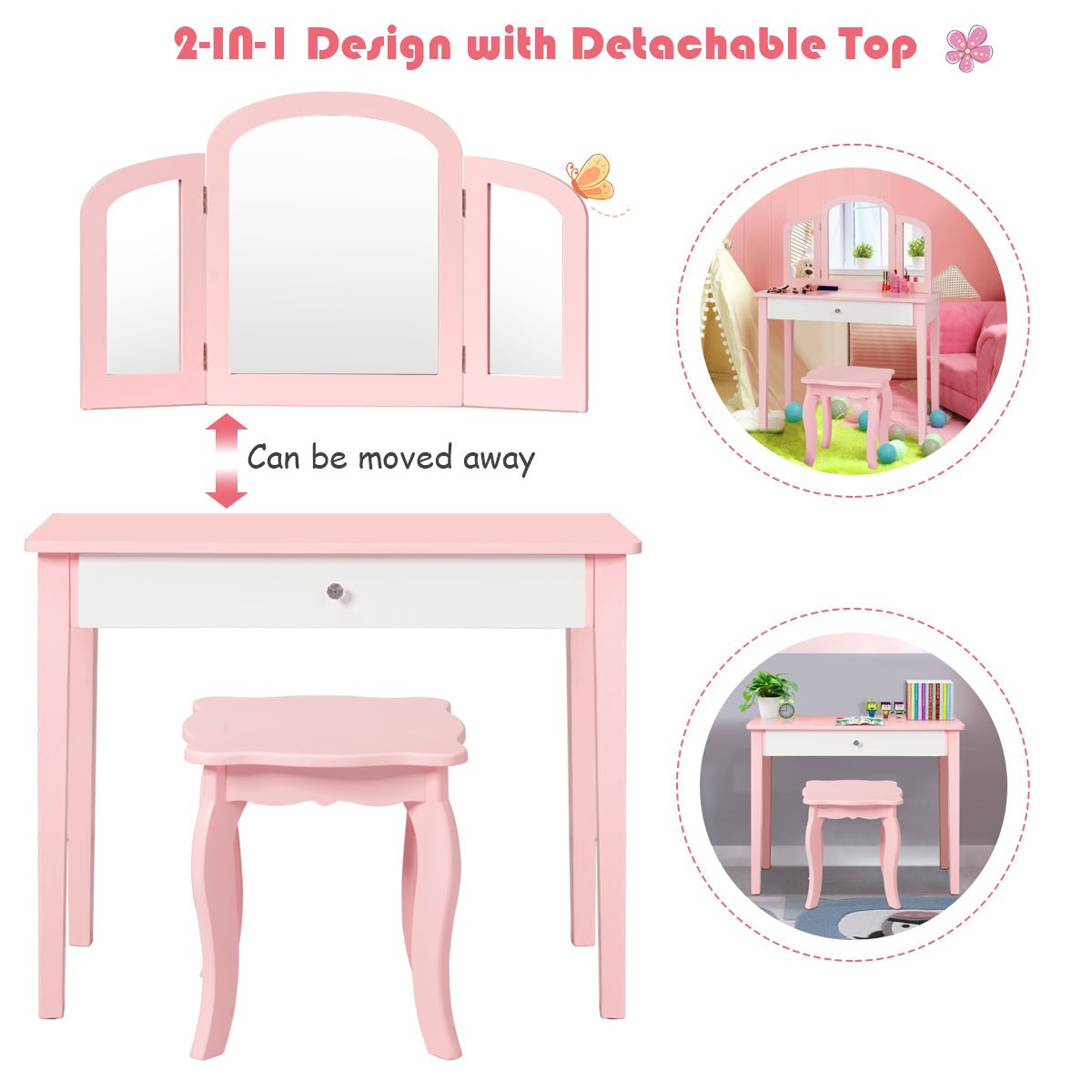 Children's Makeup Table Stool Set - Tri-Fold Mirror Elegance