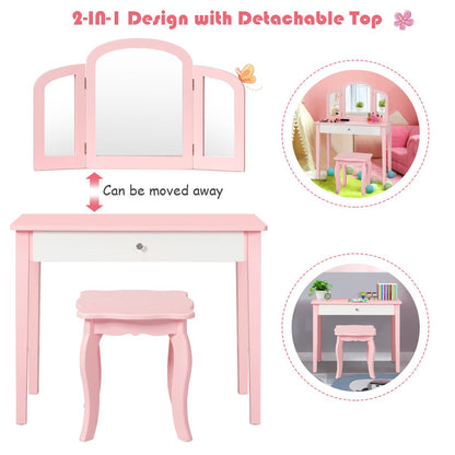 Children's Makeup Table Stool Set - Tri-Fold Mirror Elegance