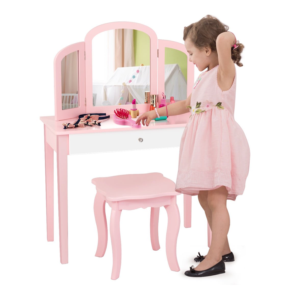 Kids Vanity Set with Tri-Folding Mirror - Bedroom Beauty Retreat