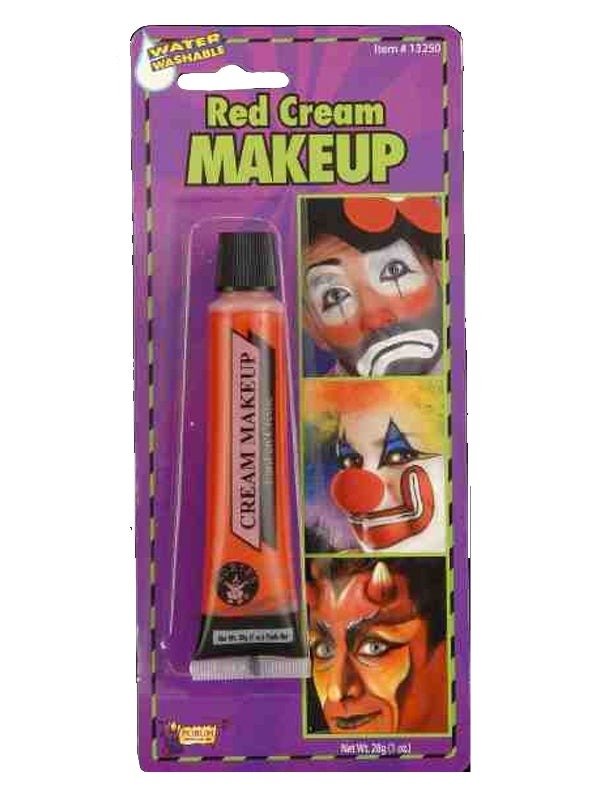 Red face makeup tube for Halloween costume accessories, perfect for kids dress-up fun.