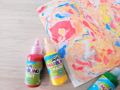 Colorful marbling paint kit with 6 vibrant colors for engaging kids in creative home crafts.