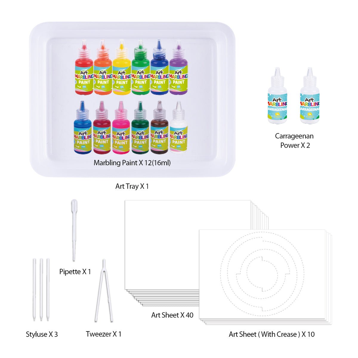 Vibrant 12-colour marbling paint kit for creative childrens art projects at home.