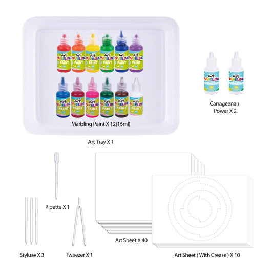 Vibrant 12-colour marbling paint kit for creative childrens art projects at home.