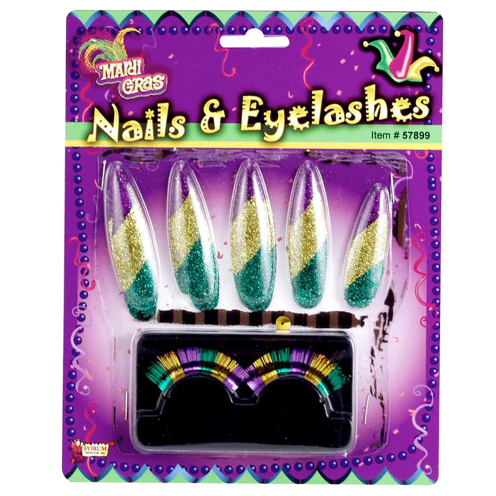 Mardi Gras false nails and lashes set with sparkly glitter for kids dress-up fun.