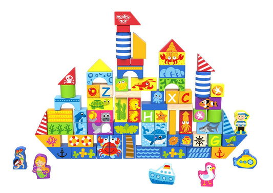 Colorful 80-piece marine building blocks set for creative play at home, ideal for kids.