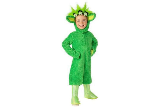 Kids Martian alien costume with 3D eyeball headpiece for imaginative play at home.