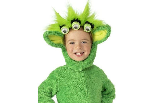 Kids Martian alien costume with 3D eyeball headpiece for imaginative play at home
