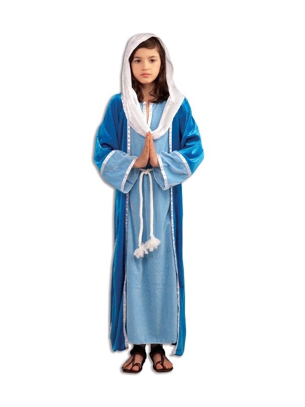 Childs Virgin Mary costume for biblical nativity play, featuring robe and head covering.